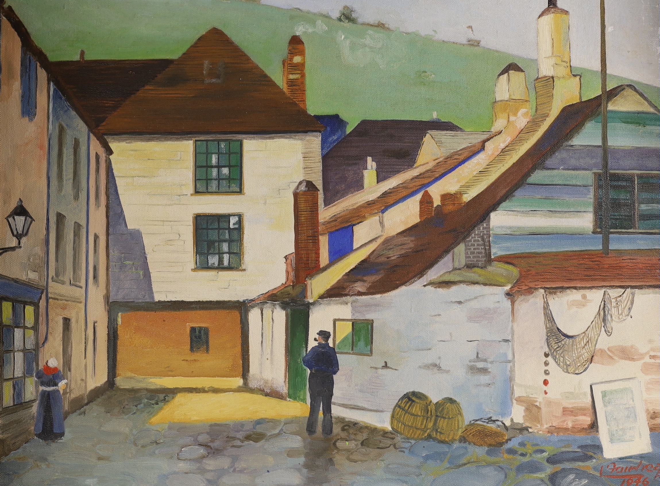 Modern British, oil on canvas, Coastal village landscape, indistinctly signed, and dated 1946, unframed, 30 x 41cm